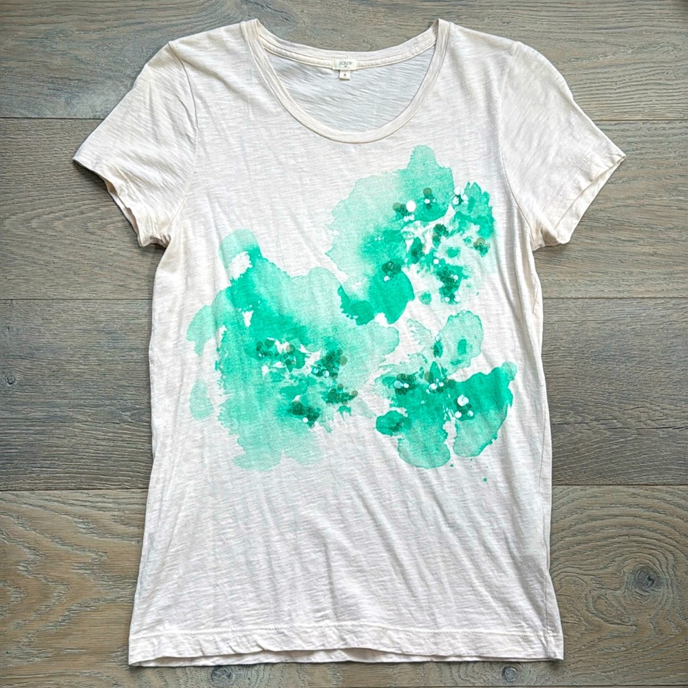 J. Crew Cream Crew Neck T Pastel Green Watercolor Floral w/Sequins Lightweight-S
